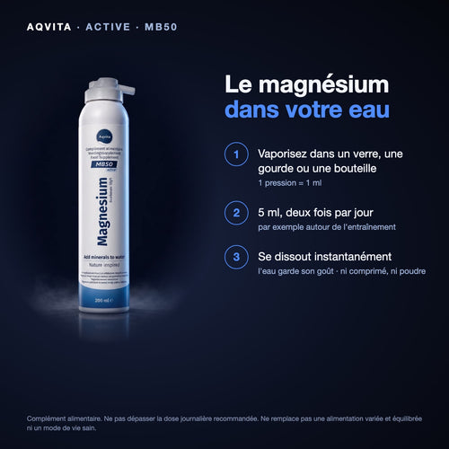 Aqvita Active : mode d'emploi, 1 pression = 1 ml, 5 ml deux fois par jour dans l'eau