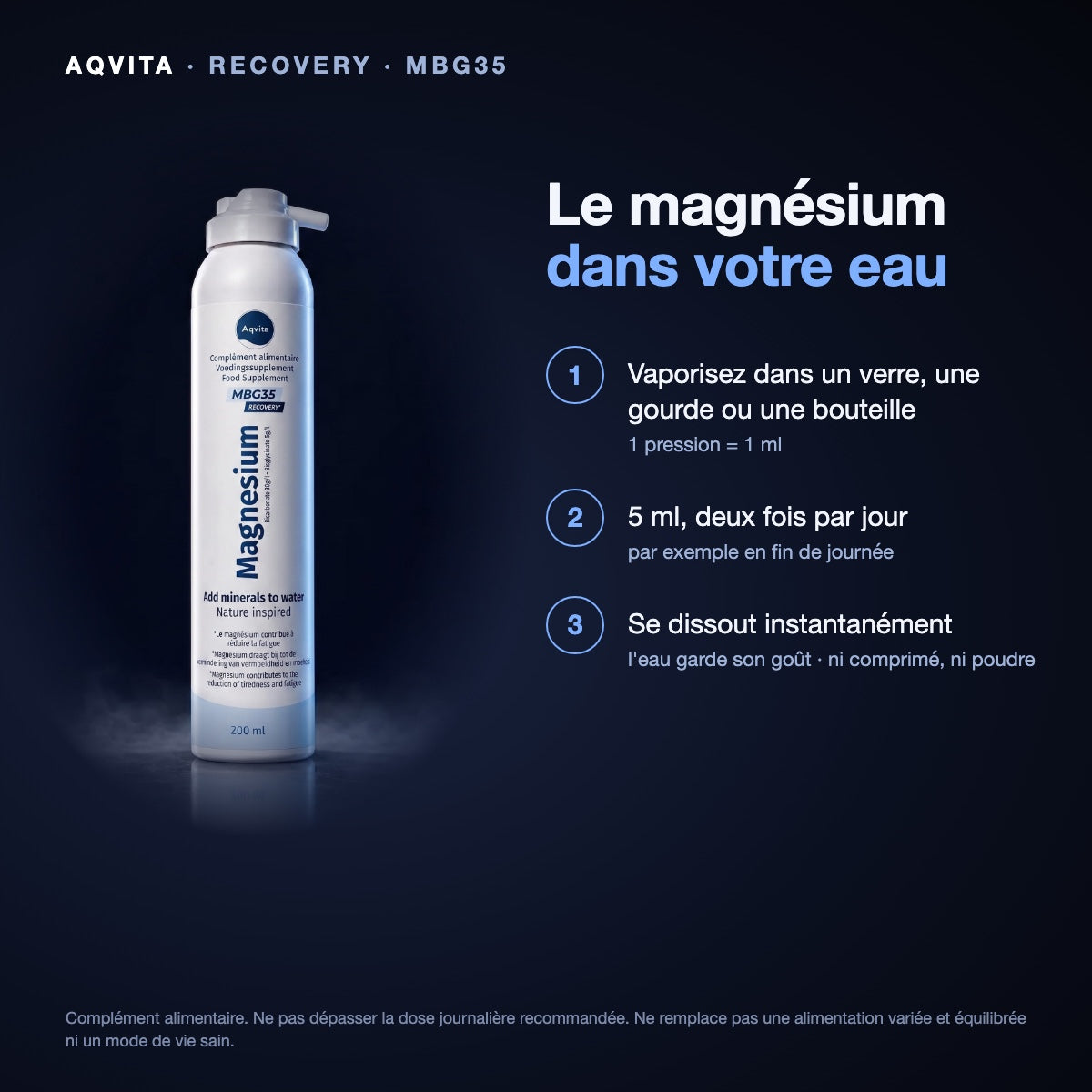 Aqvita Recovery : mode d'emploi, 1 pression = 1 ml, 5 ml deux fois par jour dans l'eau